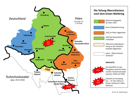 Karte vom Grenzverlauf nach dem 1. Weltkrieg mit Abtretung von Ostoberschlesien.