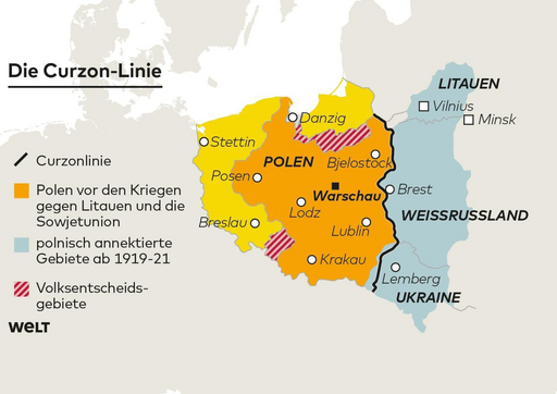 Karte mit der Ostgrenze Polens, Curzon Linie und der neuen polnischen Ostgrenze.
